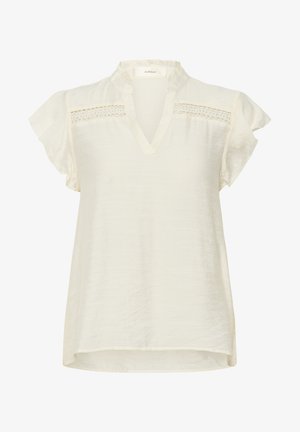Hvid kortærmet bluse med en struktureret krave, der har en V-halsudskæring og fine blonde detaljer på skuldrene. Blød, tekstureret stof.