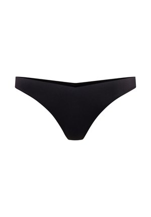 String bikini noir, en tissu lisse, avec une taille basse offrant une couverture minimale, sans éléments métalliques visibles ni motifs.