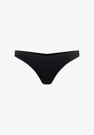 String bikini noir, en tissu lisse, avec une taille basse offrant une couverture minimale, sans éléments métalliques visibles ni motifs.