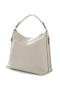 Borsa a tracolla in pelle grigia chiara con una texture liscia, caratterizzata da un manico curvo e una tasca esterna con zip con accenti in oro.