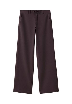 Dark brown wide-leg pants with front pockets and a drawstring waist tie, displayed flat on a white background.