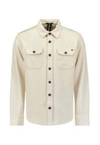 Crème-kleurig shirt met lange mouwen en naadloze knoopsluiting aan de voorkant, twee borstzakken en zwarte knopen. Gemaakt van duurzaam stof met een gladde textuur.