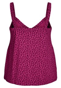 Fuchsia Oberteil mit dünnen, verstellbaren Trägern, das ein Leopardenmuster aufweist. Lockere Passform und ein V-förmiges Rückendesign. Weiches Textilmaterial.