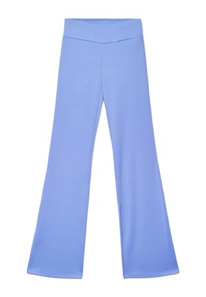 Jasnoniebieskie dzwony z rozciągliwej tkaniny. Posiadają szeroki pas i gładkie, jednolite wykończenie.