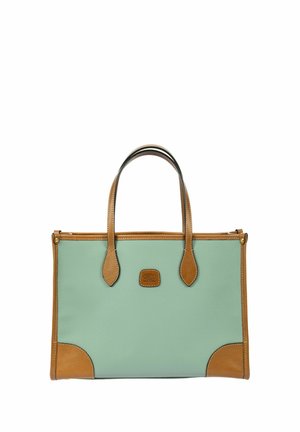 Borsa tote in pelle verde menta con dettagli beige. Presenta due manici, una forma rettangolare e una placca con il logo sul davanti.