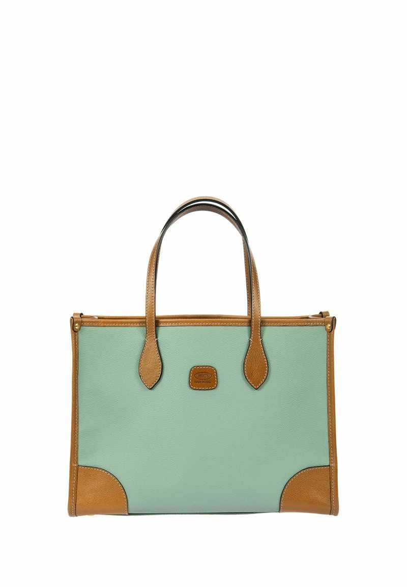 Borsa tote in pelle verde menta con dettagli beige. Presenta due manici, una forma rettangolare e una placca con il logo sul davanti.