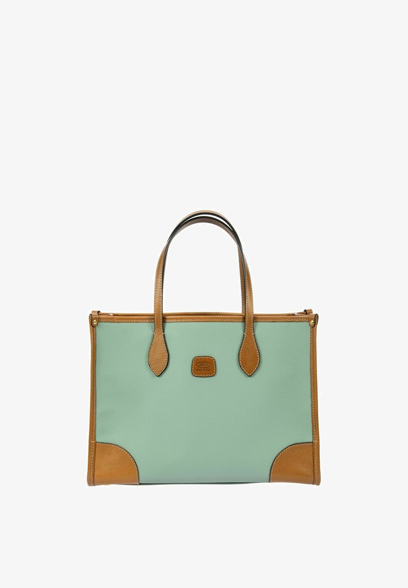 Borsa tote in pelle verde menta con dettagli beige. Presenta due manici, una forma rettangolare e una placca con il logo sul davanti.