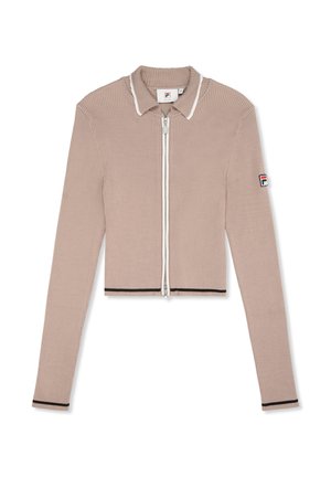 Ribbad, kort zip-up-jacka i ljusbeige med vit krage. Har svarta accenter och ett logopatch på vänster ärm.