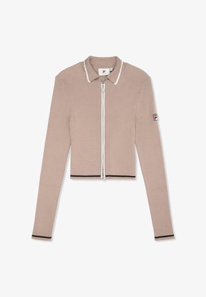 Geribbeld, kort jack met ritssluiting in lichtbeige met een witte kraag. Heeft zwarte accenten en een logo-oppatch op de linkermouw.