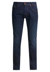 Mörkblå denimjeans med slim fit, med fem fickor, orangea sömmar och en knappstängning fram. Slät textur, mångsidig design.