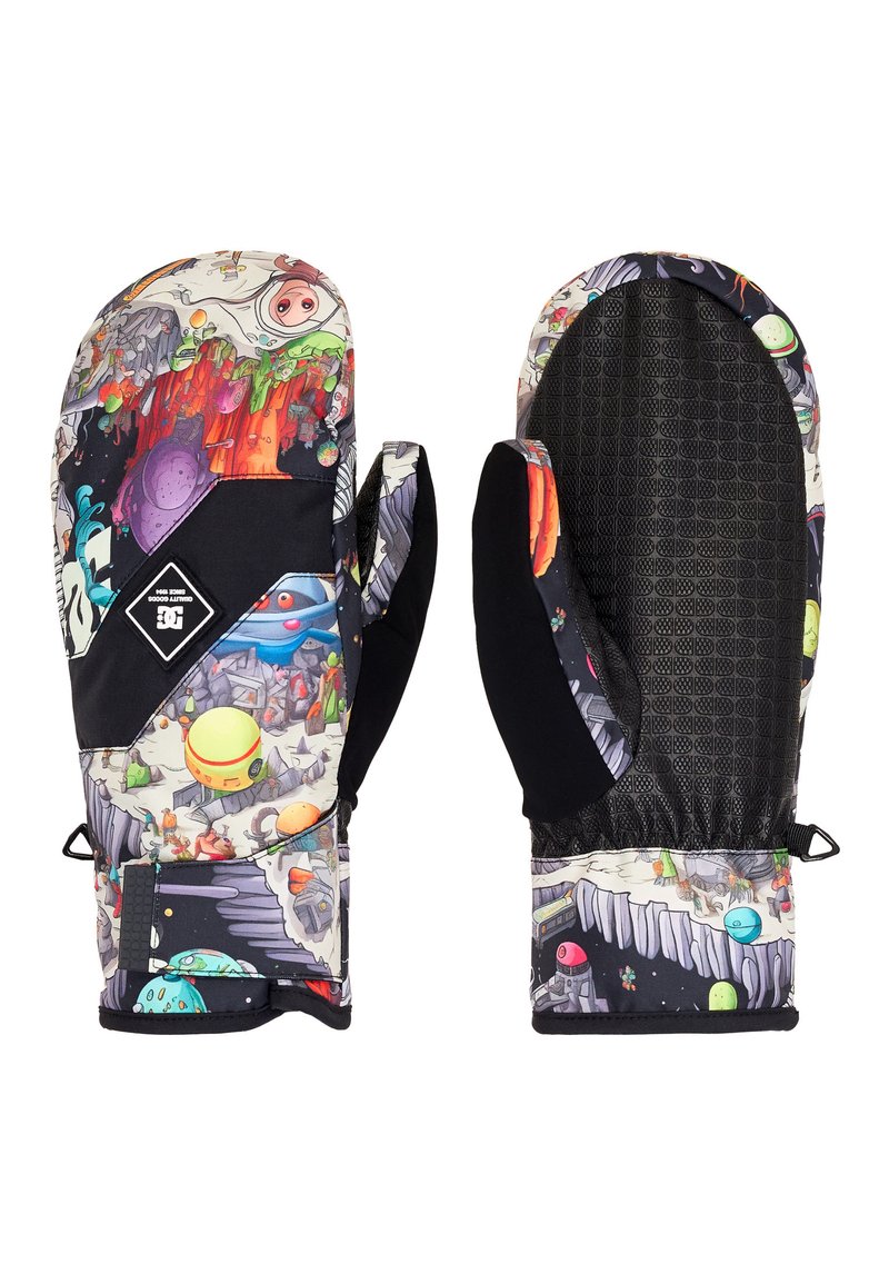 Bunte Handschuhe mit einem weltraumthematischen Grafikdesign, das schwarze Akzente und einen strukturierten Griff auf der Handfläche aufweist. Enthält einen elastischen Handgelenksverschluss.