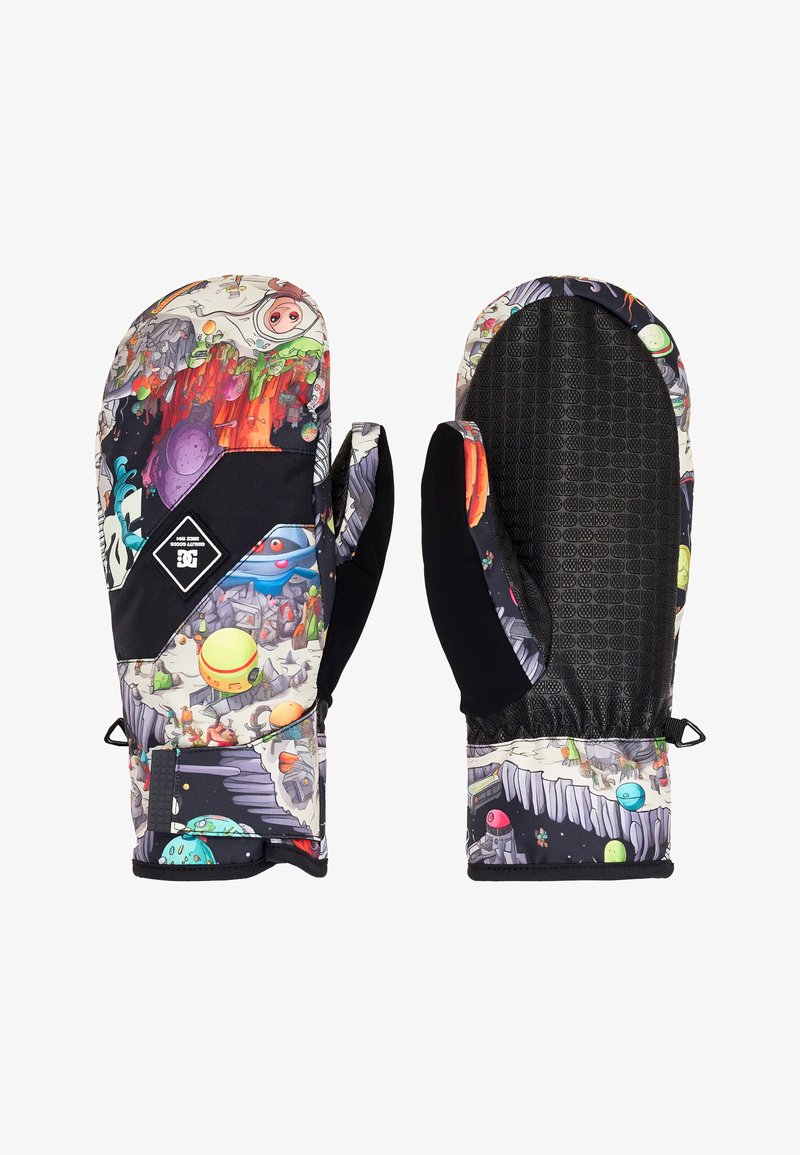 Bunte Handschuhe mit einem weltraumthematischen Grafikdesign, das schwarze Akzente und einen strukturierten Griff auf der Handfläche aufweist. Enthält einen elastischen Handgelenksverschluss.
