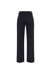 Pantalon noir à jambes droites avec passants de ceinture et une poche arrière passepoilée unique sur fond blanc.