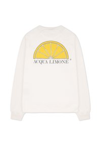 Vit sweatshirt med en gul citron-grafik och texten "ACQUA LIMONE" på baksidan. Har raglanärmar och ribbad mudd.