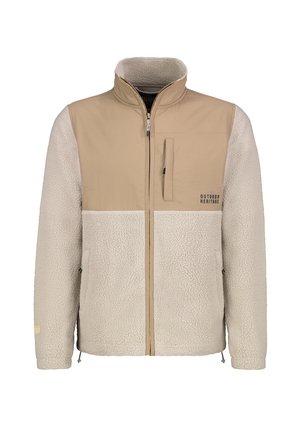 Fleecejack met een beige bovenstuk en een crèmekleurig lijf, voorzien van een rits aan de voorkant, zijzakken en Outdoor Heritage branding.