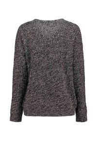 Gestrickter Pullover in Dunkelgrau und Schwarz mit einer strukturierten Oberfläche. Verfügt über einen runden Ausschnitt und lange, leicht weit geschnittene Ärmel.