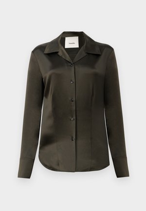 Olive green satin button-up shirt with a pointed collar, long sleeves, and black buttons, featuring a smooth texture and tailored fit.