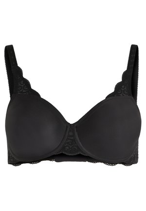Schwarzer BH mit geformten Cups, Spitze entlang der Kanten, verstellbaren Trägern und einer glatten Textur. Verfügt über dekorative Spitze am Bund.