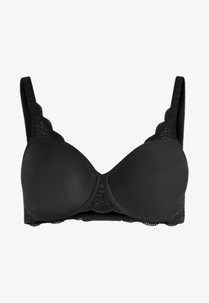 Reggiseno nero con coppe sagomate, bordo in pizzo lungo i bordi, spalline regolabili e una texture liscia. Presenta pizzo decorativo sulla fascia.