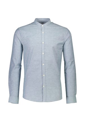 Camicia a maniche lunghe blu chiaro con colletto a banda, apertura frontale con bottoni e tessuto texture. Presenta un solo polsino e una finitura liscia.