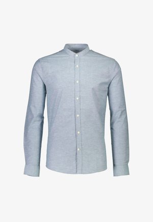 Lichtblauw overhemd met lange mouwen, met een bandkraag, knoopsluiting en gestructureerde stof. Heeft een enkele manchet en een gladde afwerking.