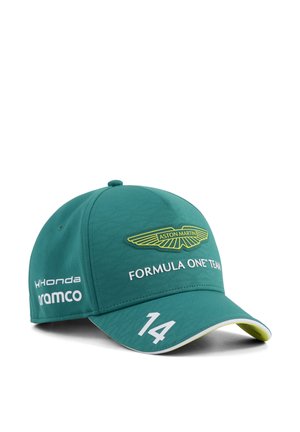 Grøn Aston Martin Formula One Team baseballkasket med "14," Honda og Aramco logoer på hvid baggrund.