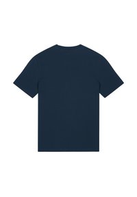 Marineblaues Kurzarm-T-Shirt aus glattem Baumwollstoff, mit Rundhalsausschnitt und lockerem Schnitt, ohne sichtbare Muster oder Logos.