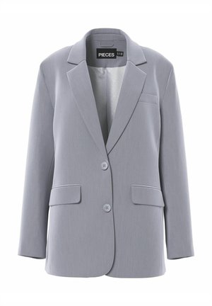 Grå blazer laget av glatt stoff som har reverskrage, to frontlommer, to knapper og en enkelt brystlomme.