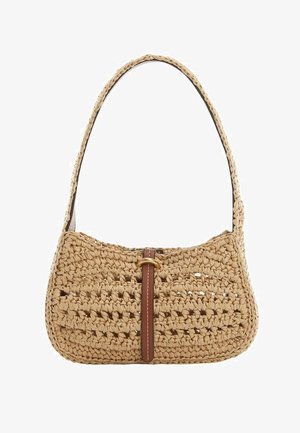 Beige woven handbag with a curved shape, featuring a brown leather strap and a gold hardware accent at the center.