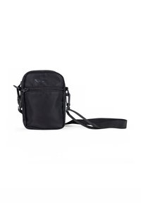 Black nylon crossbody bag with a zippered front pocket, adjustable strap, rectangular shape, and smooth texture. Ideal for compact storage.
