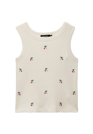 Top sans manches côtelé couleur crème avec de petits motifs de cerises rouges et roses brodés dispersés sur le tissu.