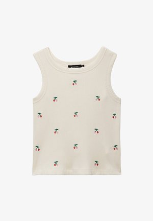 Top sans manches côtelé couleur crème avec de petits motifs de cerises rouges et roses brodés dispersés sur le tissu.