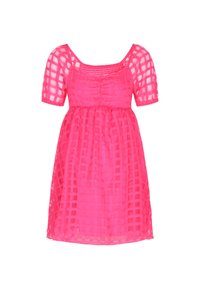 Rotes kariertes Kleid mit kurzen, puffigen Ärmeln und einem gerafften Oberteil. Der Stoff ist leicht und halbtransparent, was einen geschichteten Effekt erzeugt.
