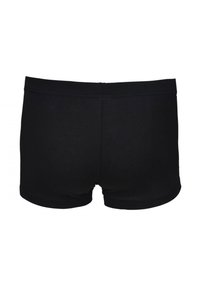 Pantaloni corti neri in cotone con una finitura liscia, vestibilità aderente e un design semplice, dotati di un elastico in vita e senza loghi o motivi visibili.