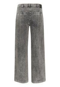 Wide-leg gray denim trousers feature a faded texture, two back pockets, and a black waistband detail.