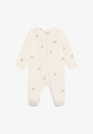 Biały body dla niemowląt z długimi rękawami, stopami, zamkiem błyskawicznym z przodu oraz drobnymi szarymi nadrukami misiów rozrzuconymi po tkaninie.