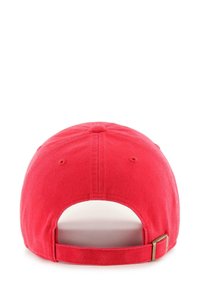 Red baseball cap shown from the back with adjustable strap and metal buckle on a white background.
