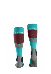 Skarpetki do kolan w odcieniach turkusowym, burgundowym i szarym. Charakteryzują się wzorem w zygzak oraz wzmocnionymi piętami i palcami.