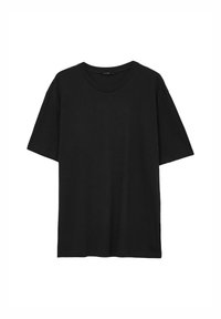 T-shirt nera a maniche corte realizzata in morbido cotone, caratterizzata da un classico colletto rotondo e una vestibilità rilassata, senza motivi o dettagli visibili.