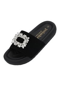 Black slide sandal with a velvety upper, featuring an oversized rhinestone buckle embellishment and a textured black sole.