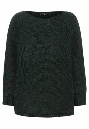 Dark green knitted sweater with ribbed cuffs, round neckline, and textured horizontal pattern, size 36.