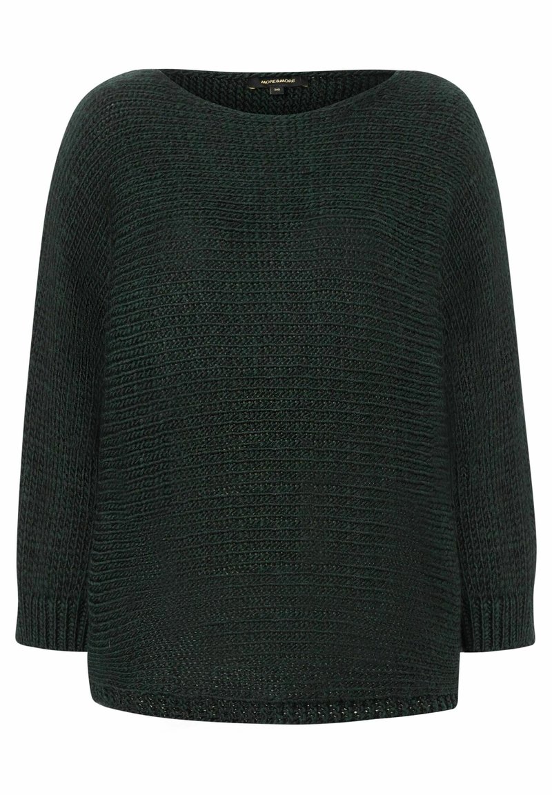 Pull vert foncé en maille avec poignets côtelés, encolure ronde et motif horizontal texturé, taille 36.