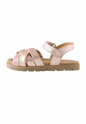 Rosa-goldene Sandalen mit überkreuzten Riemen, einer strukturierten Oberfläche und braun gesprenkelten Sohlen. Verstellbarer Knöchelriemen für einen sicheren Sitz.