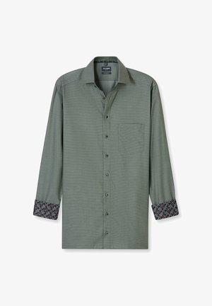 Grünes Langarmhemd aus strukturiertem Stoff, mit Brusttasche und gemusterten Manschetten mit floralen Designs in dunklen Tönen. Sechs Knöpfe vorne.