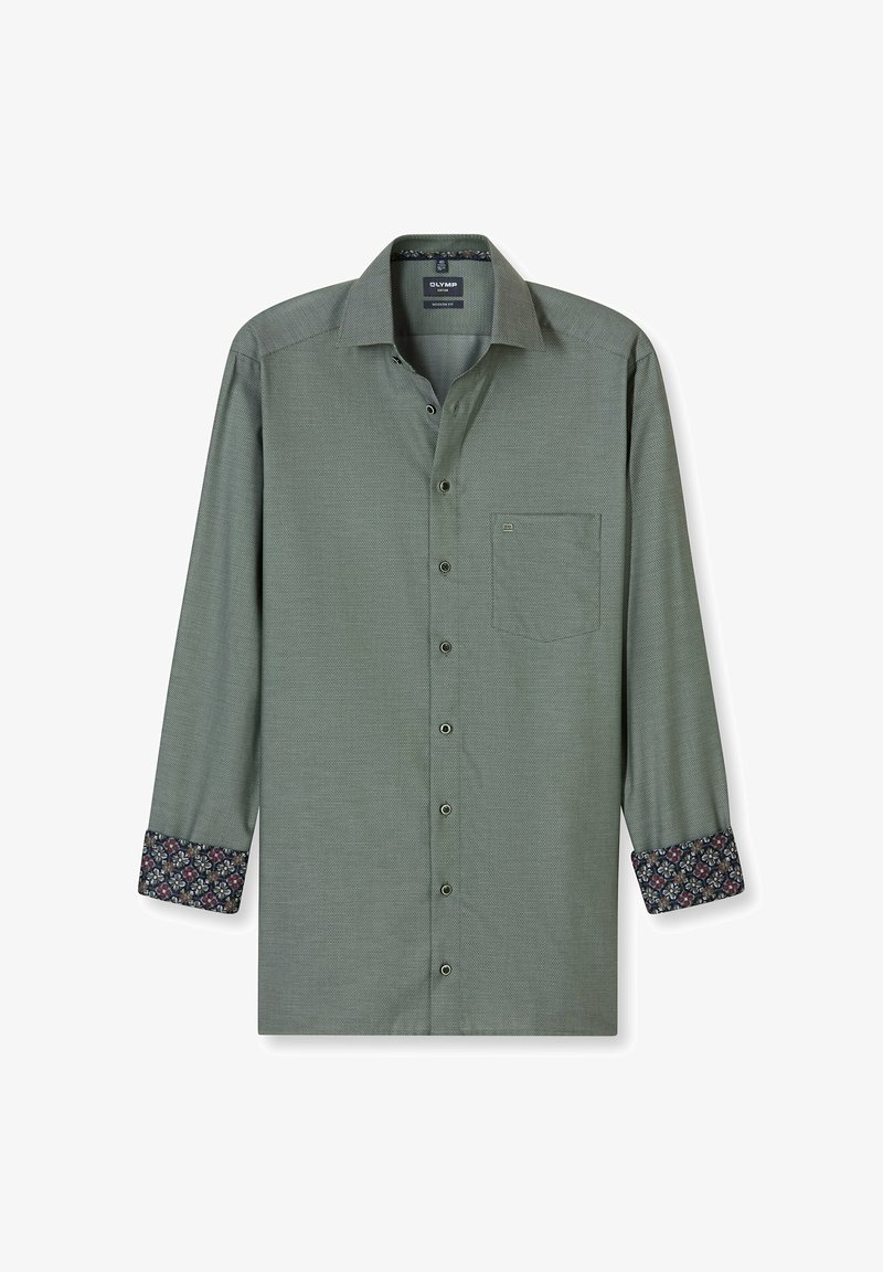 Grünes Langarmhemd aus strukturiertem Stoff, mit Brusttasche und gemusterten Manschetten mit floralen Designs in dunklen Tönen. Sechs Knöpfe vorne.