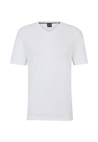 Valkoinen lyhythihainen V-kaula-aukkoinen T-paita, joka on valmistettu sileästä puuvillakankaasta. Sisältää hienovaraisen tekstuurin ja tarran, jossa on brändinimi "BOSS."