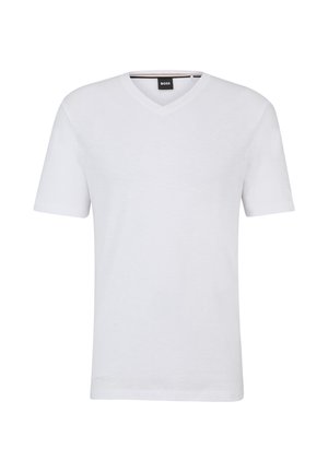 Weiße kurzärmelige V-Ausschnitt-T-Shirt aus glattem Baumwollstoff. Verfügt über eine subtile Textur und ein Etikett mit der Markenbezeichnung "BOSS".
