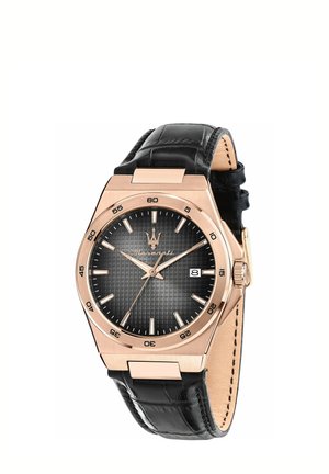 Maserati Armbanduhr mit schwarzem strukturiertem Zifferblatt, Roségold-Gehäuse, Datumsanzeige und schwarzem Lederarmband mit Naht-Detail.
