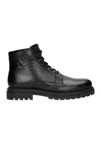 Stivaletto in pelle nera con lacci, lati testurizzati e suola in gomma robusta. Presenta un piccolo logo accentato sul lato superiore.