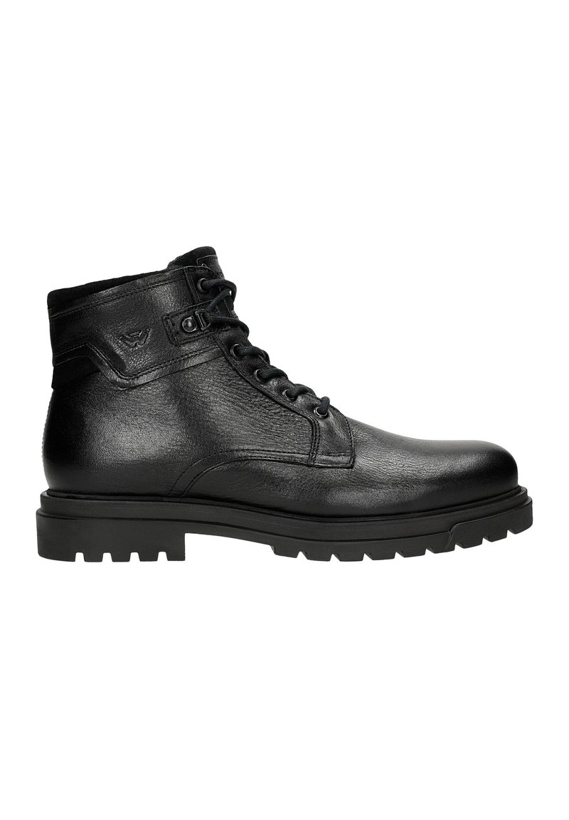 Stivaletto in pelle nera con lacci, lati testurizzati e suola in gomma robusta. Presenta un piccolo logo accentato sul lato superiore.